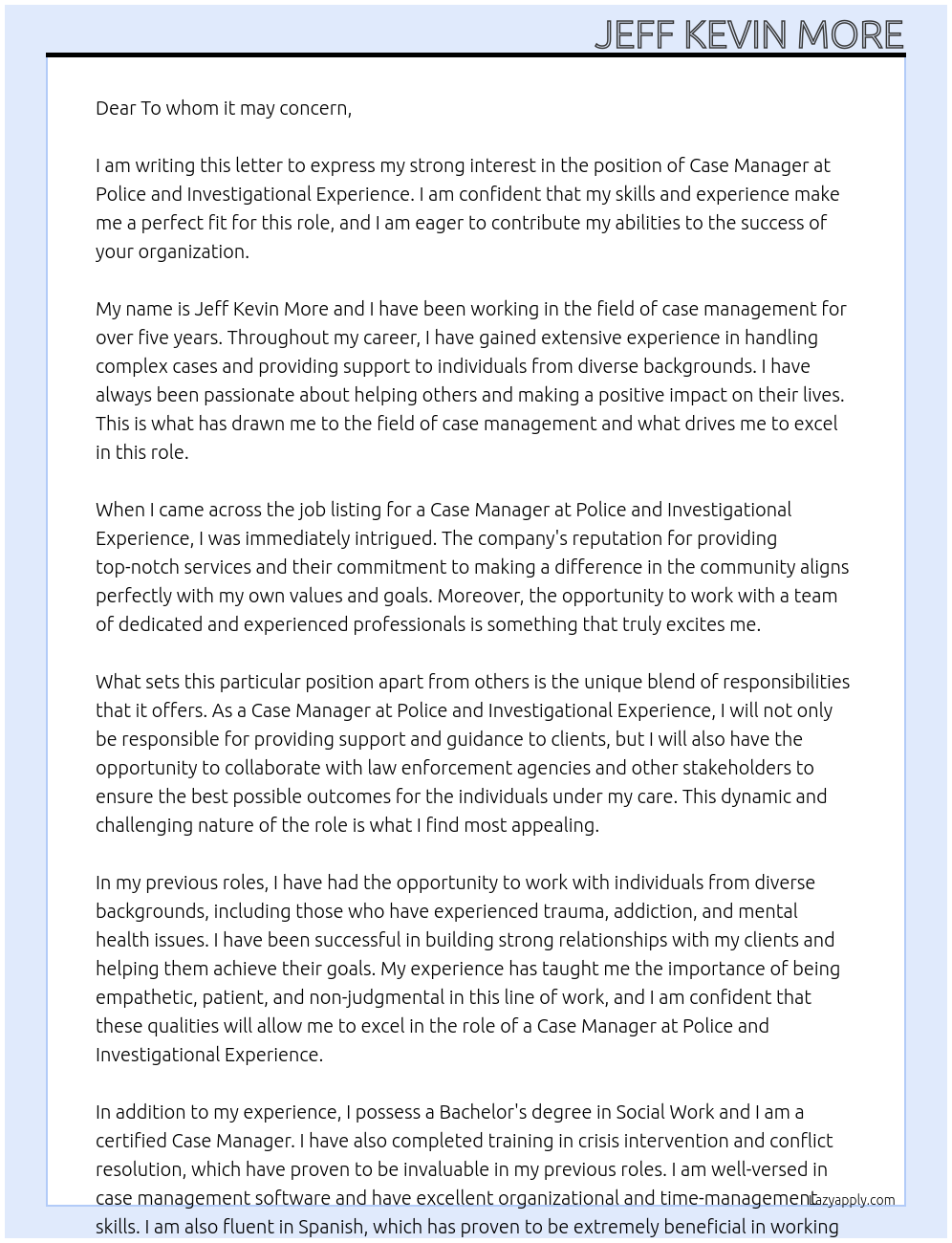 case manager At police and investigational experience Cover Letter