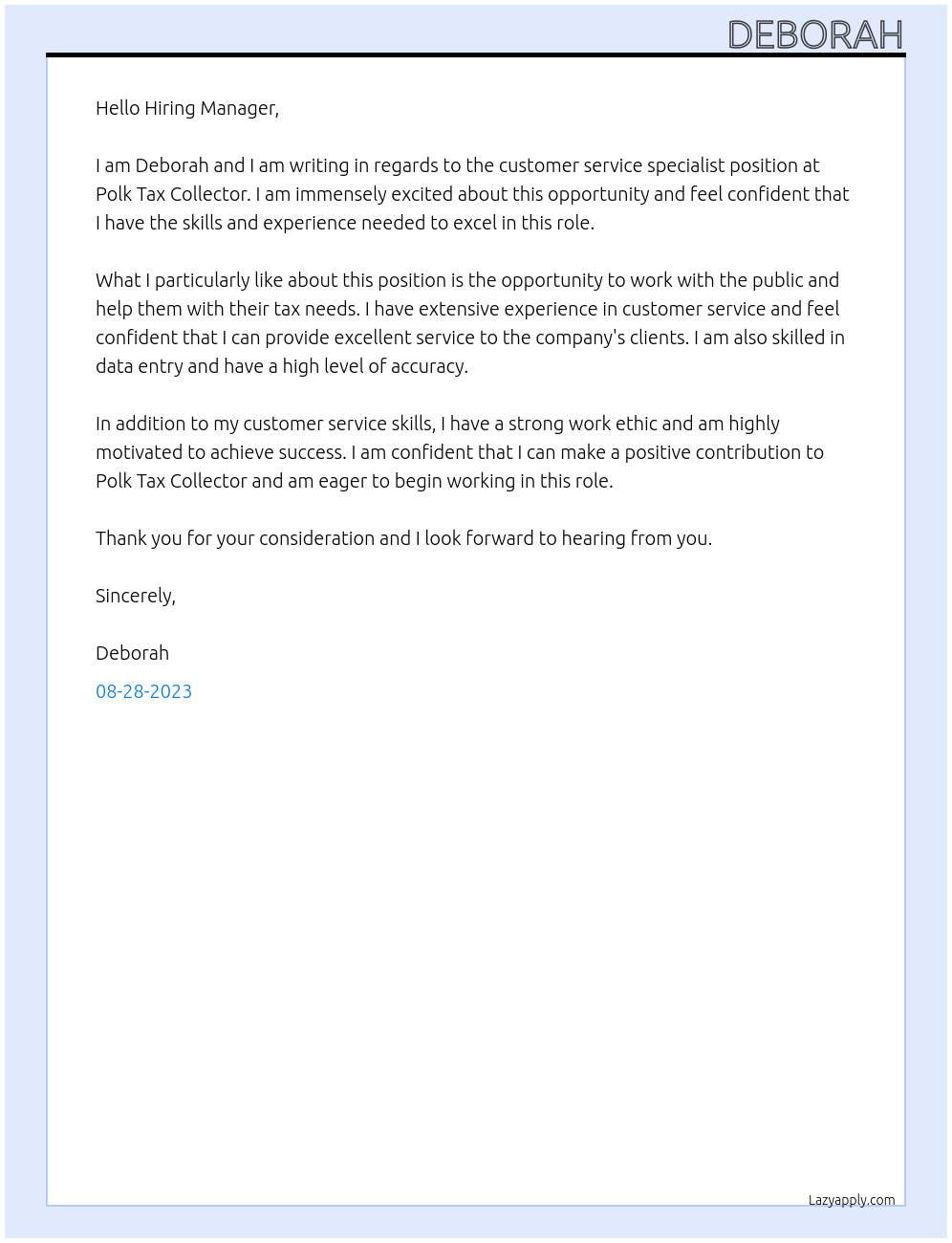 Customer Service Specialist At Polk Tax Collector Cover Letter
