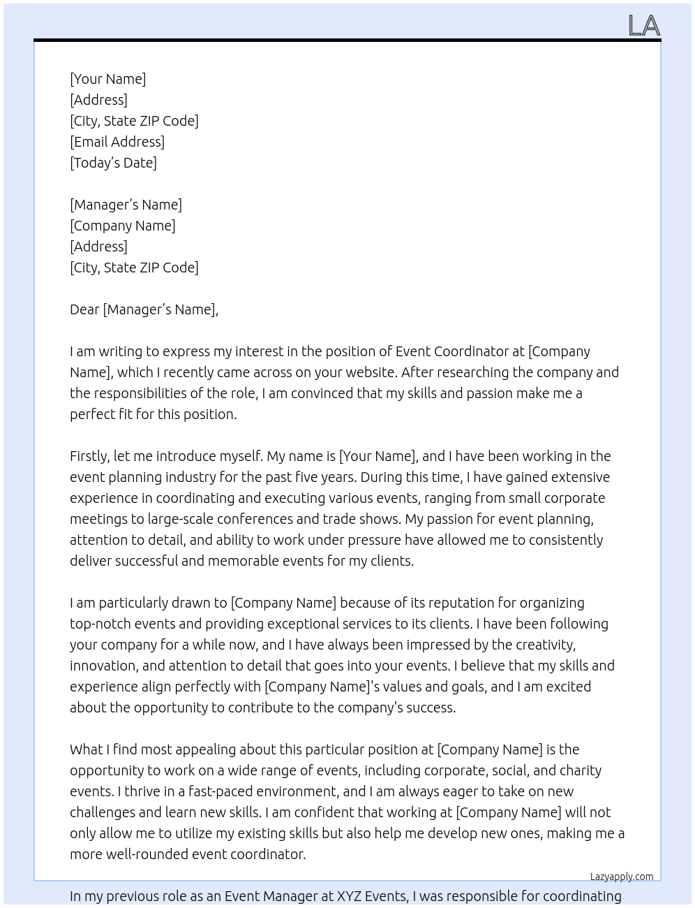 EVENT COORDINATOR At KSA Cover Letter