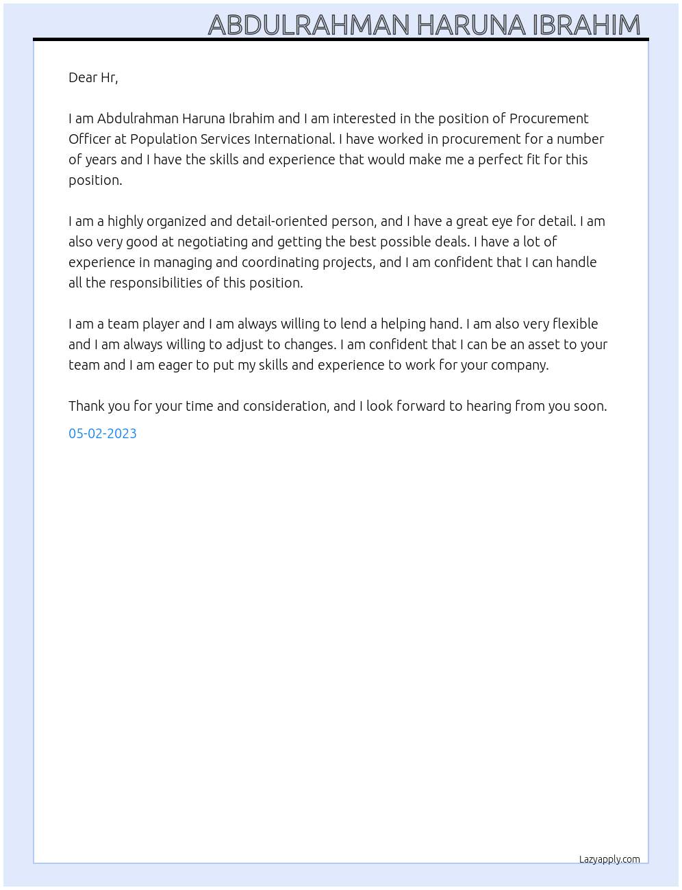 Procurement Officer At Population services international Cover Letter