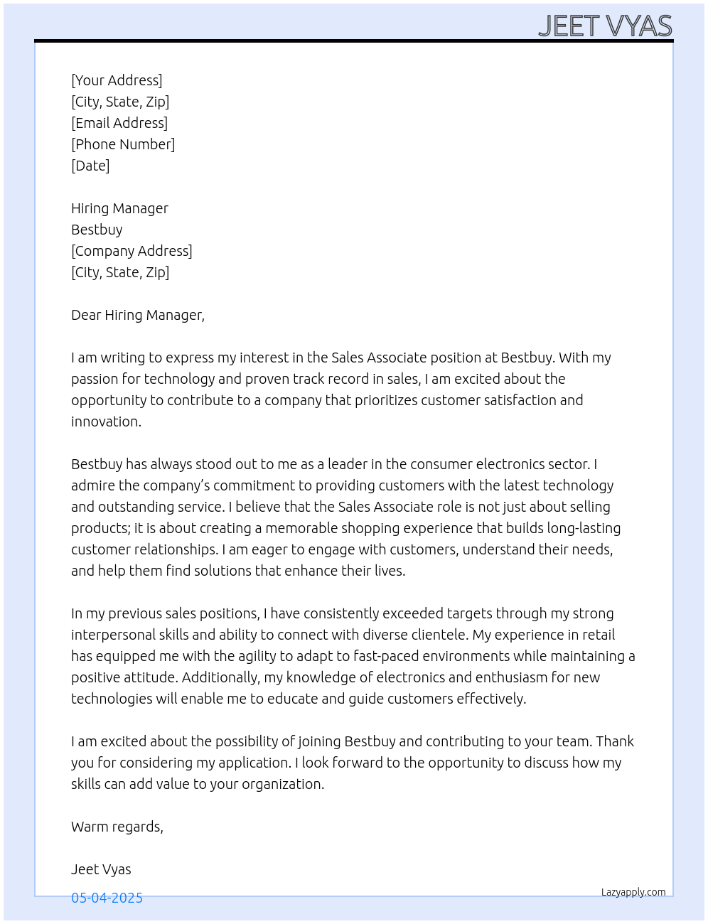 Sales Associate At Bestbuy Cover Letter