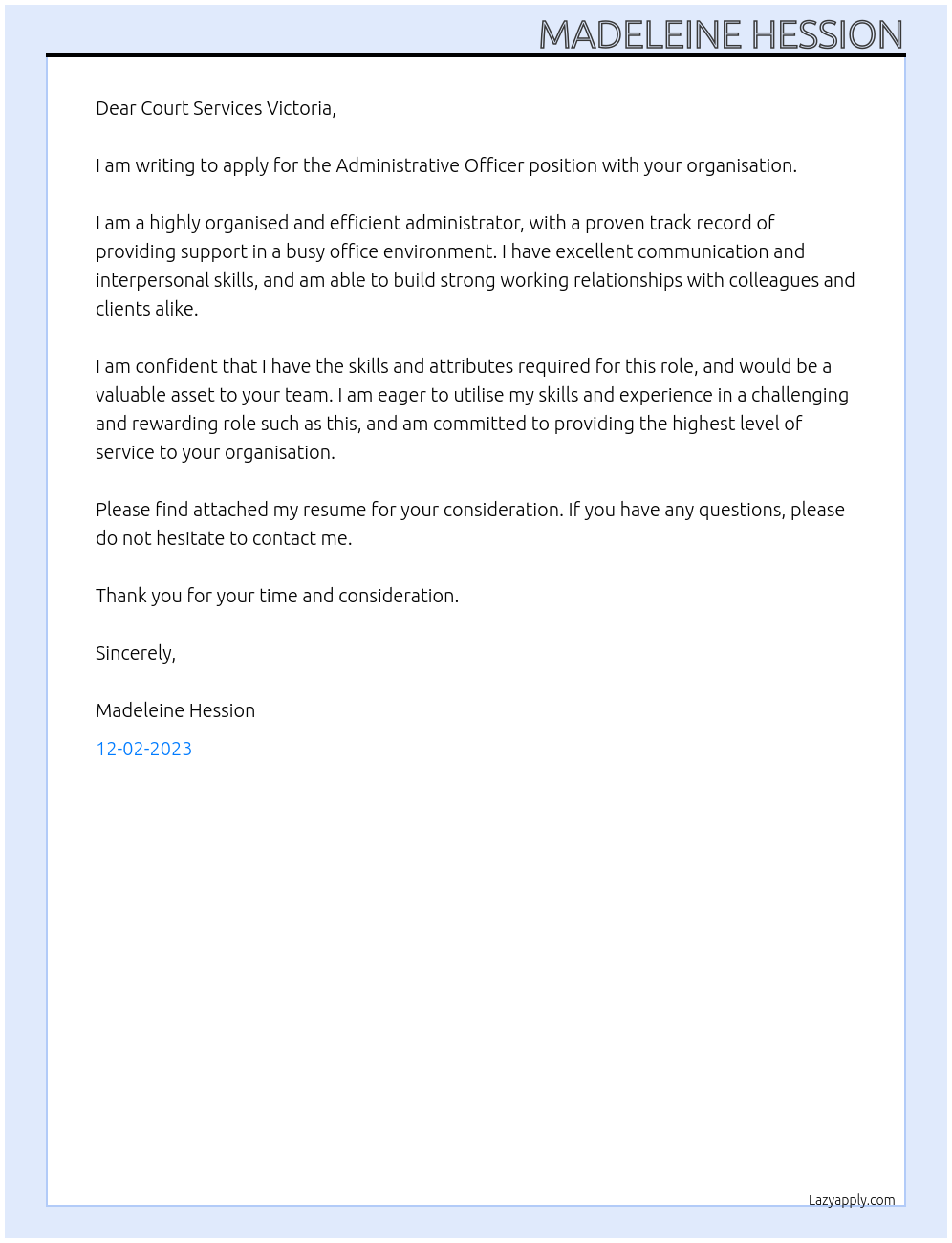 Administrative Officer At Court Services Victoria Cover Letter