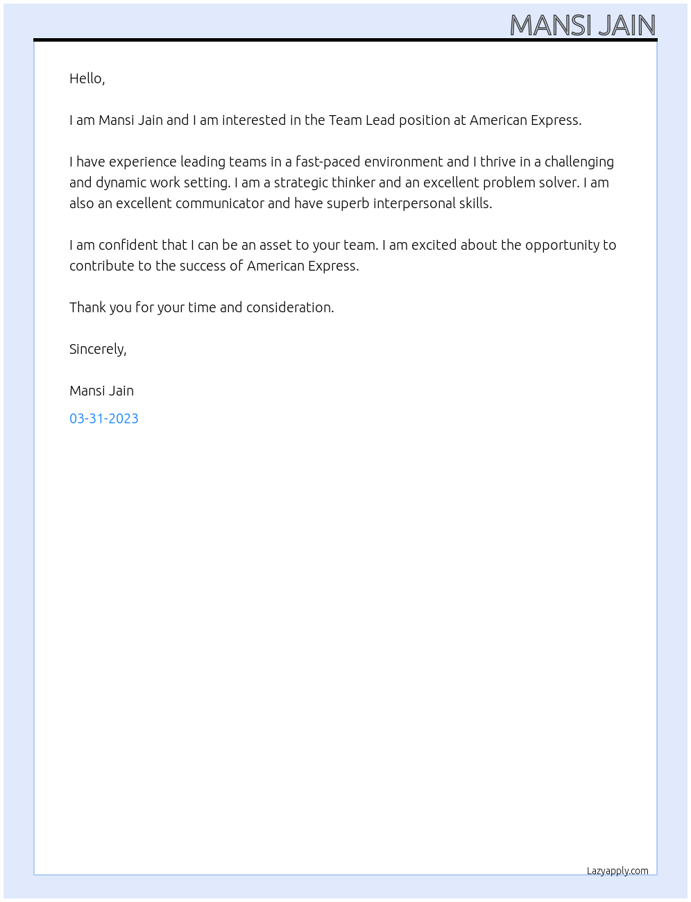 Team lead At American Express Cover Letter