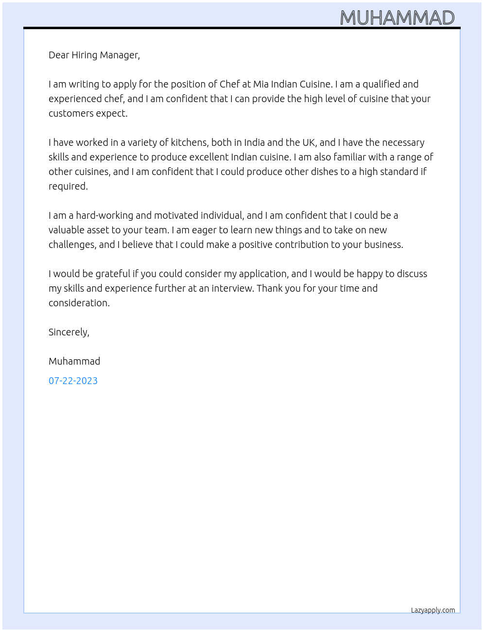 Chef At Mia Indian Cuisine Cover Letter