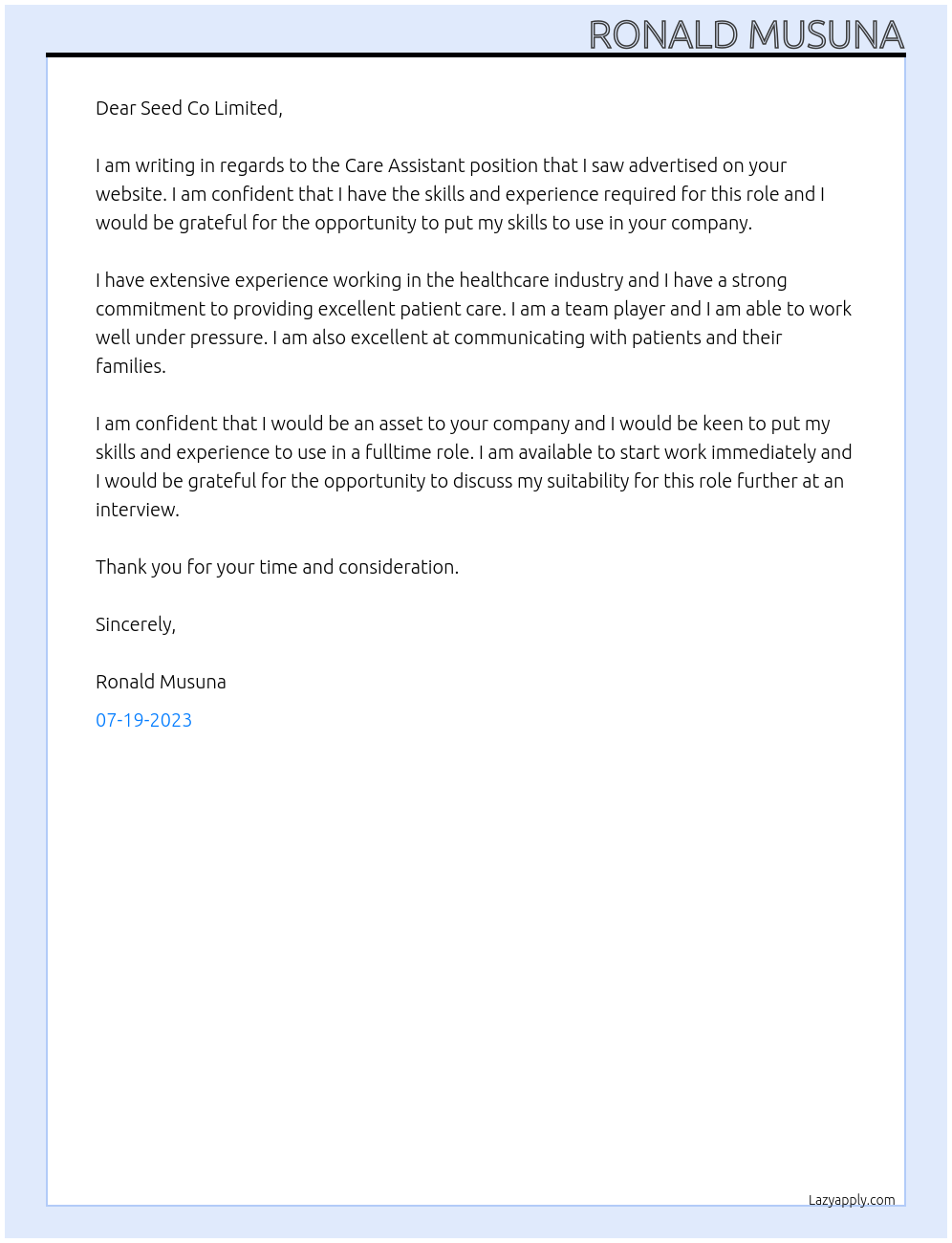 Care Assistant At Seed Co Limited Cover Letter