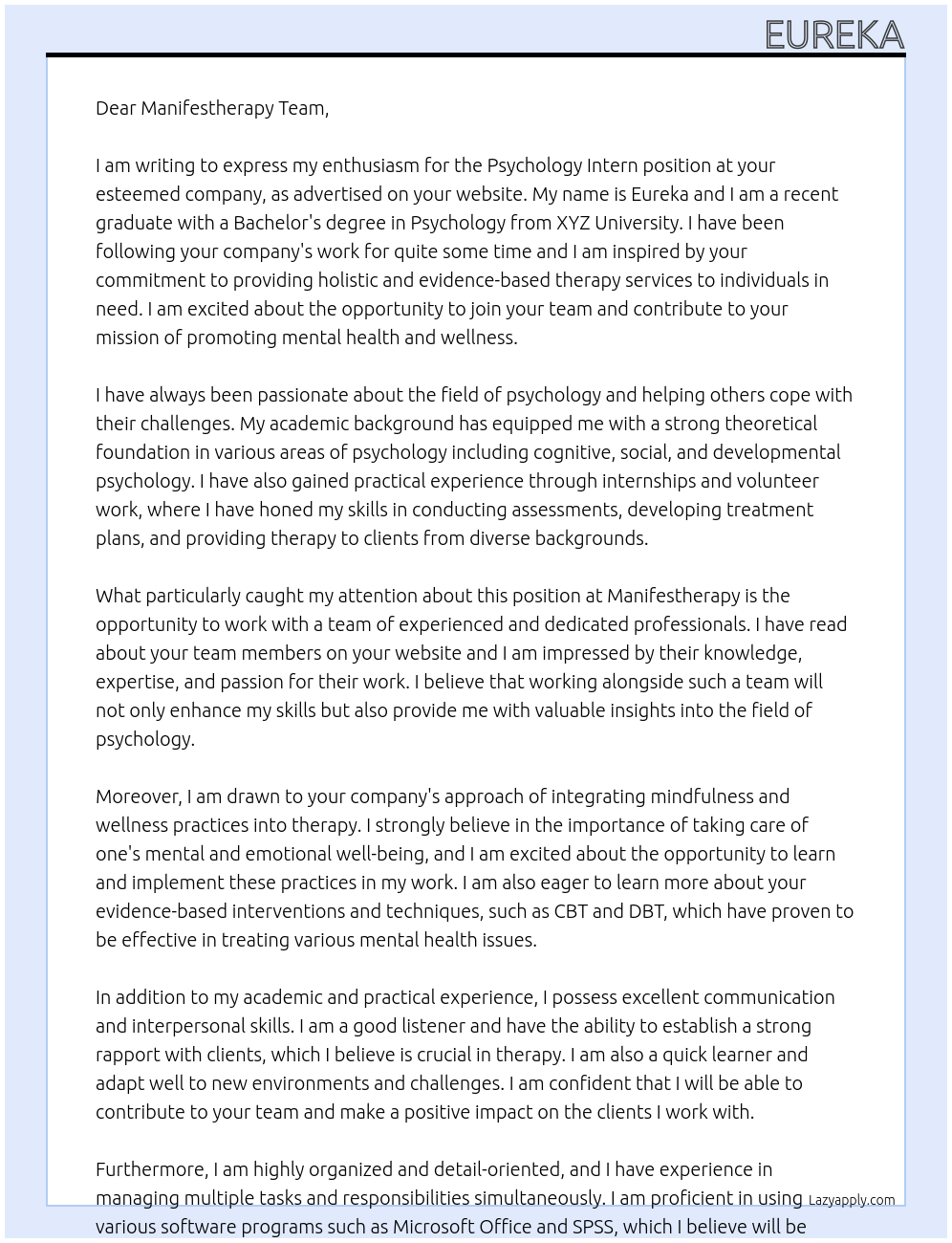 Psychology Intern At Manifestherapy  Cover Letter