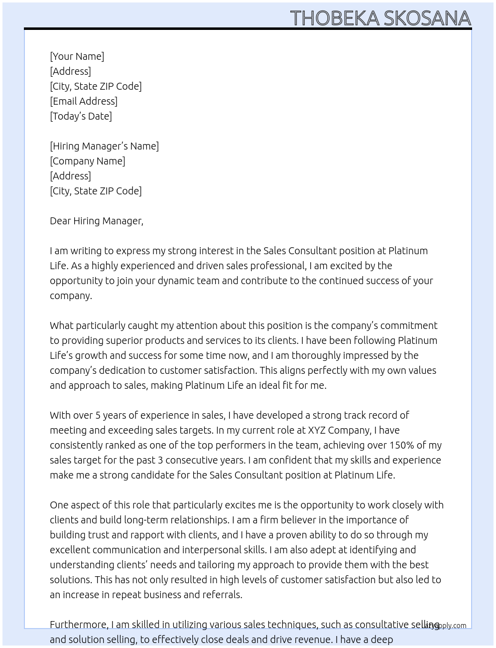 Sales Consultant At Platinum Life Cover Letter