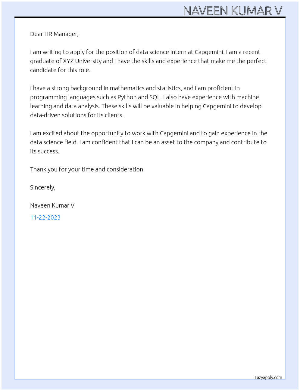 data science At Capgemini Cover Letter