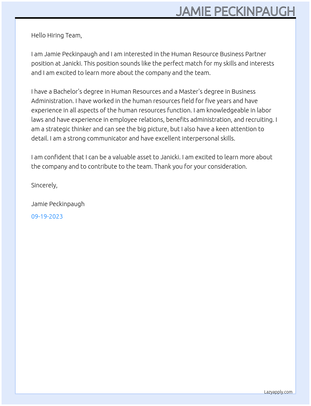 Human Resource Business Partner At Janicki Cover Letter