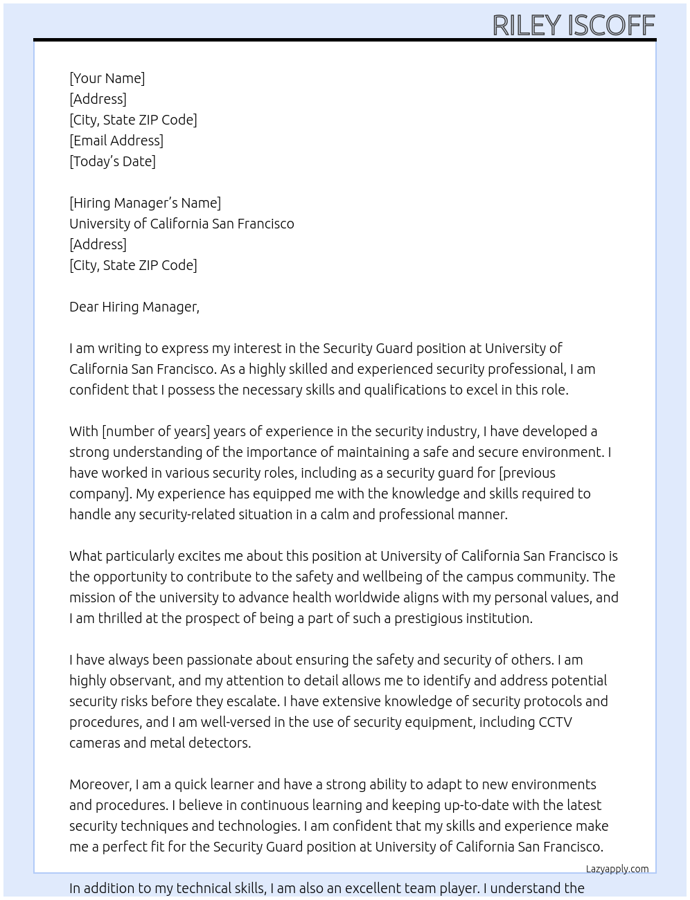 Security Guard At University of Calfornia San Francisco Cover Letter