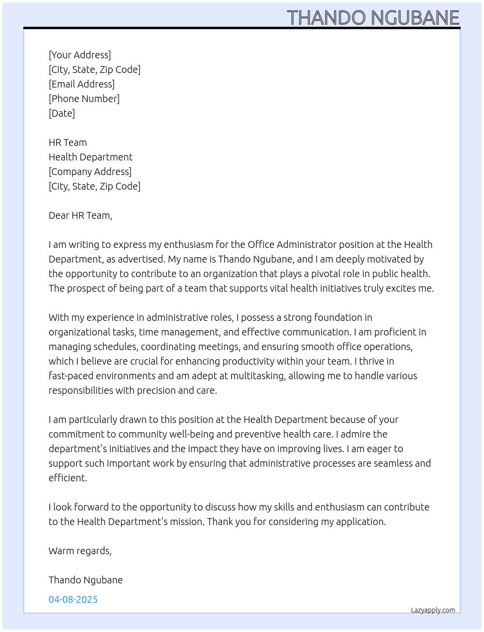 office administrator At Health Department Cover Letter