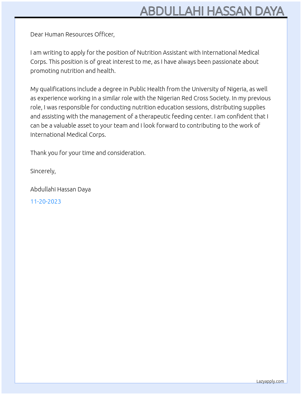 Nutrition Assistant  At International Medical Corps Cover Letter