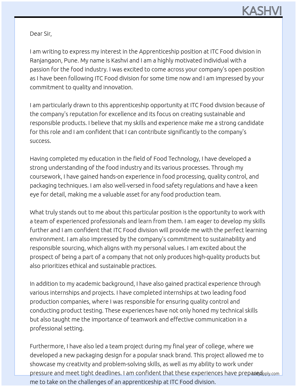 Apprenticeship At ITC Food division Cover Letter