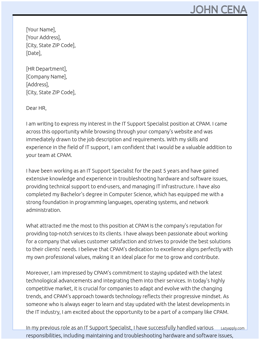 it support specialist At CPAM Cover Letter