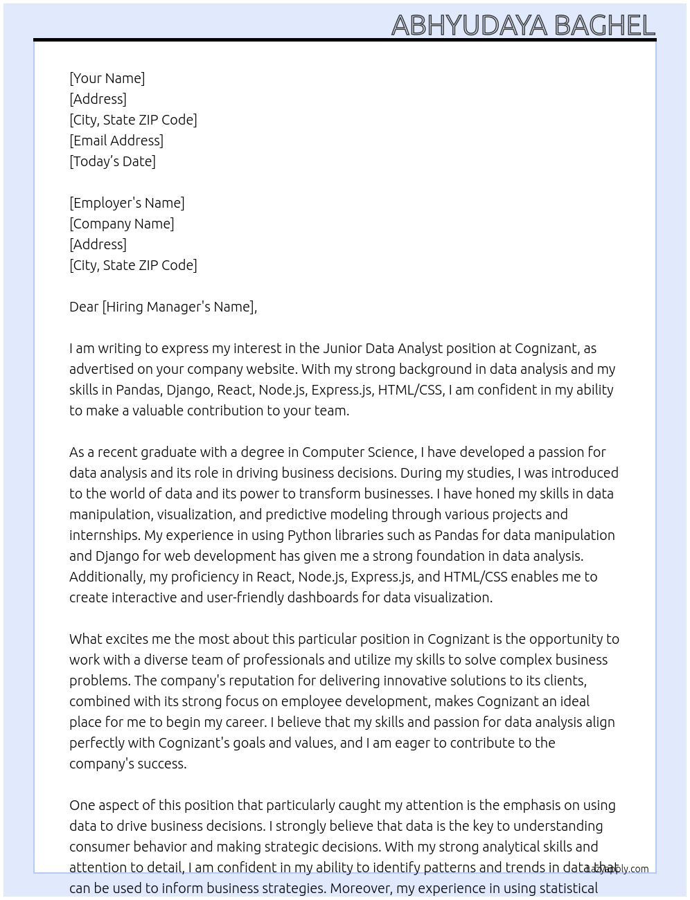 Junior Data Analyst At Congnizant Cover Letter