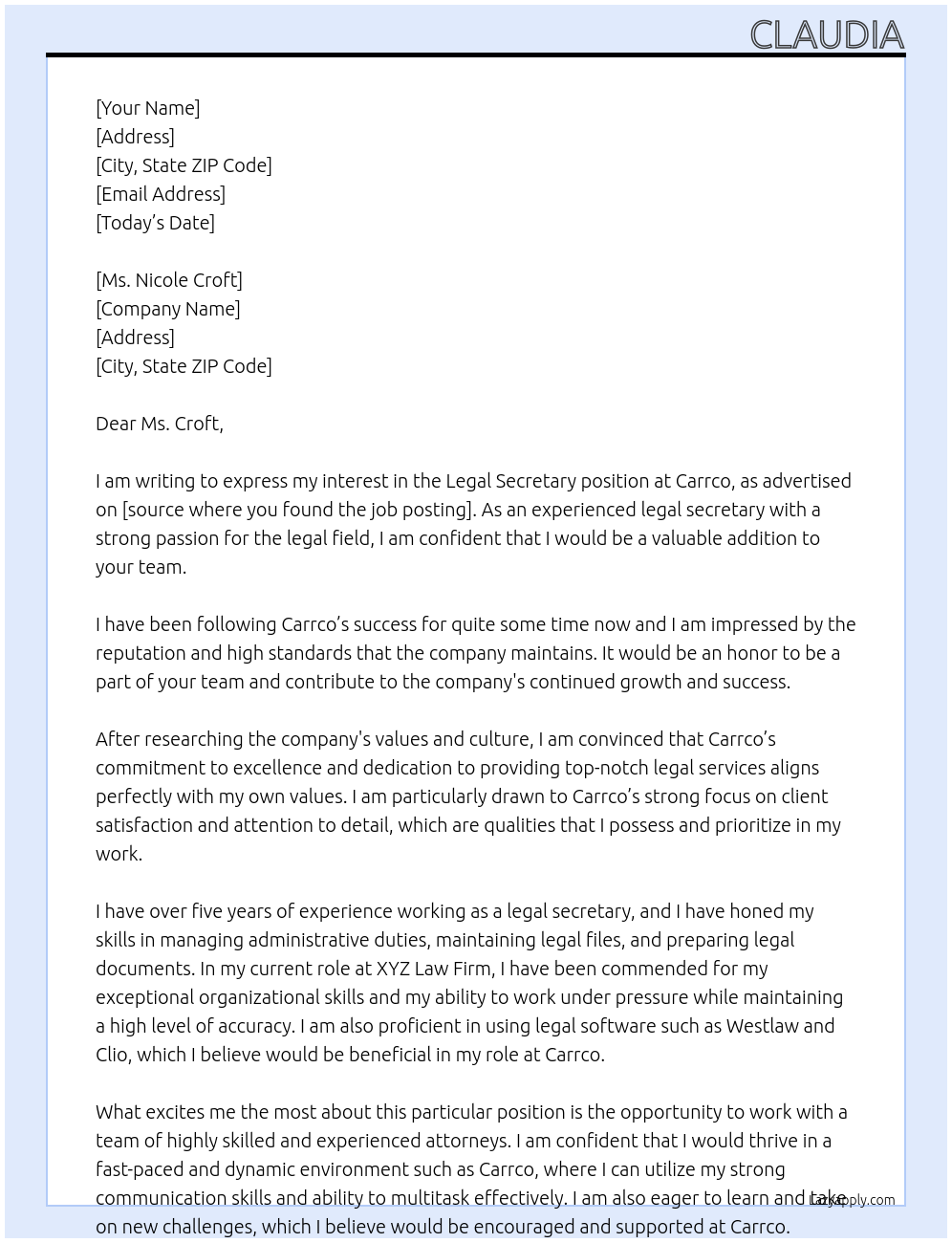 Legal Secretary At Carrco Cover Letter