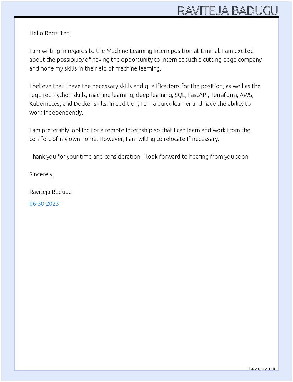 MachineLearning Intern At Liminal - custody solutions Cover Letter