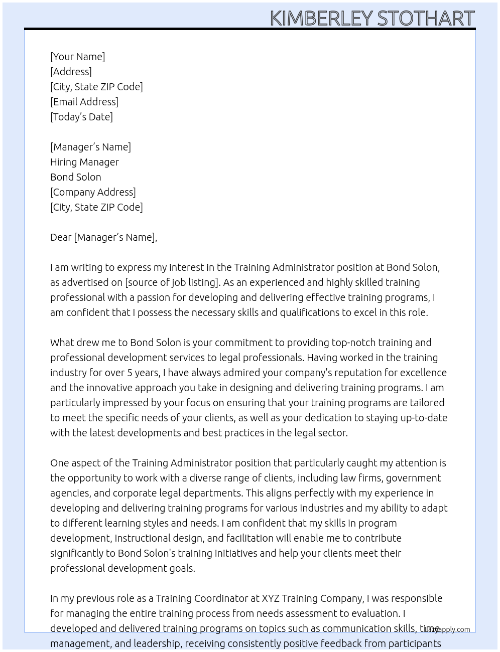 Training Administrator At Bond Solon Cover Letter