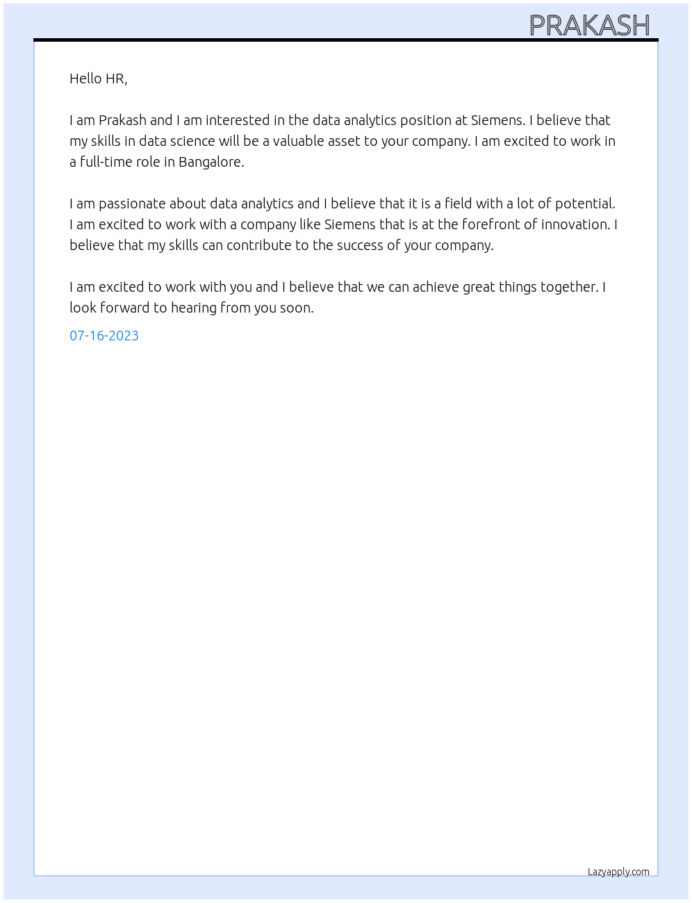 Data analytics  At Siemens  Cover Letter