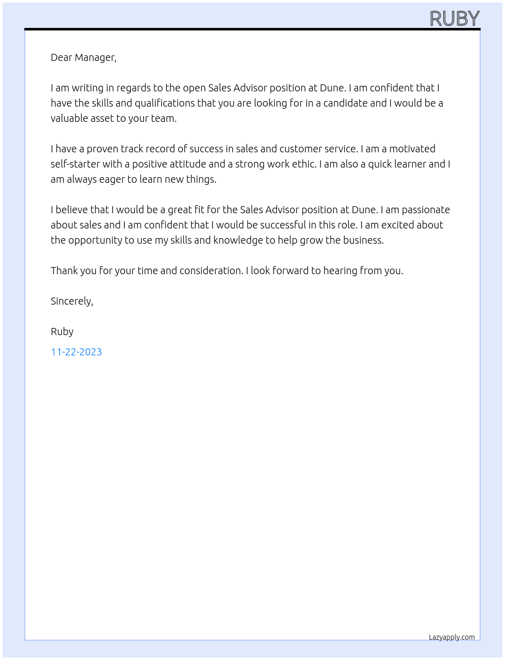 sales advisor At Dune Cover Letter