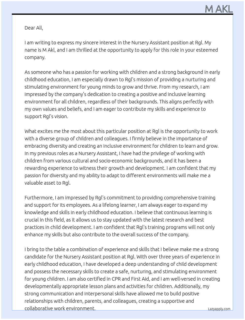 Nursery Assistant At Rgl Cover Letter