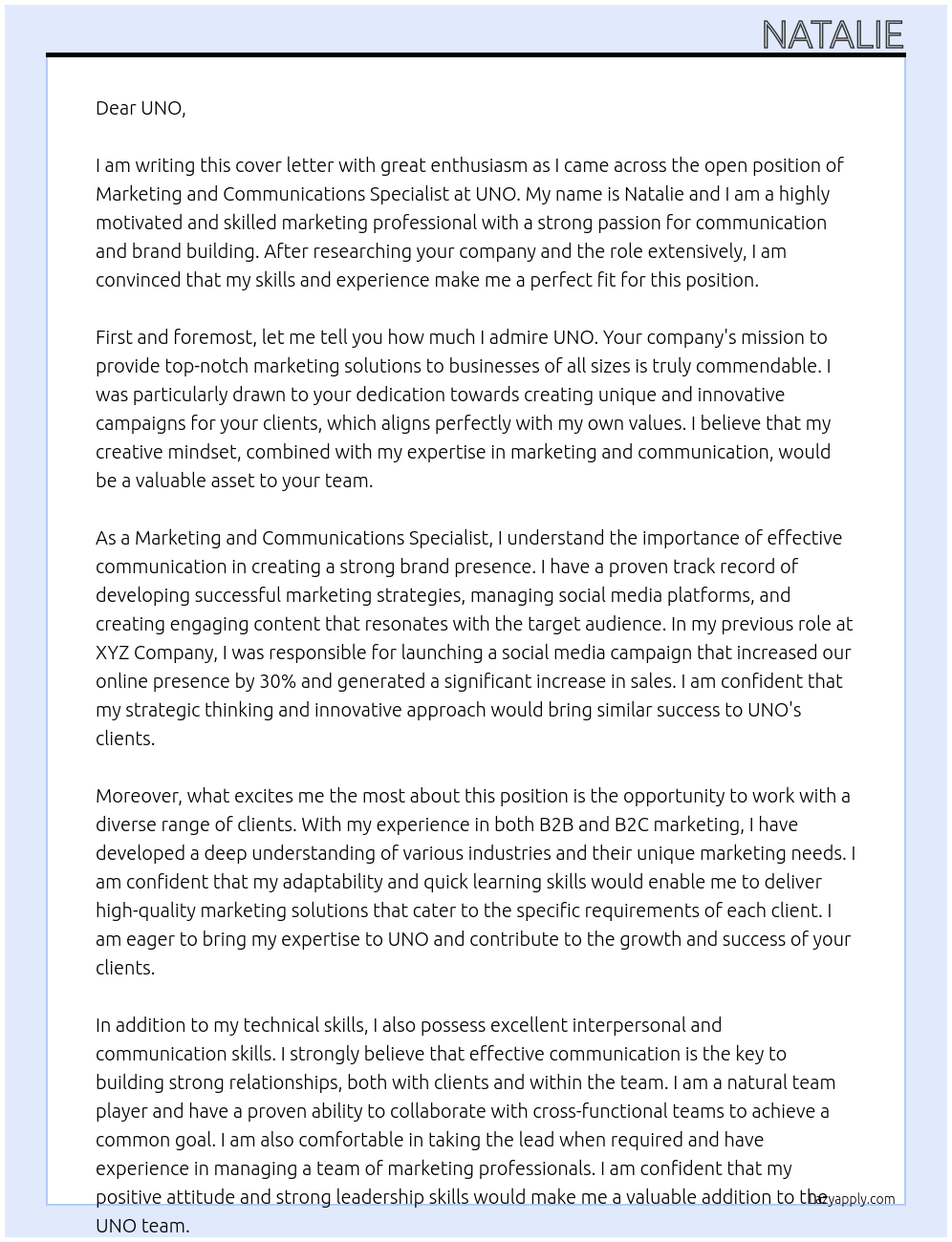 Marketing and Communications Specialist At UNO Cover Letter