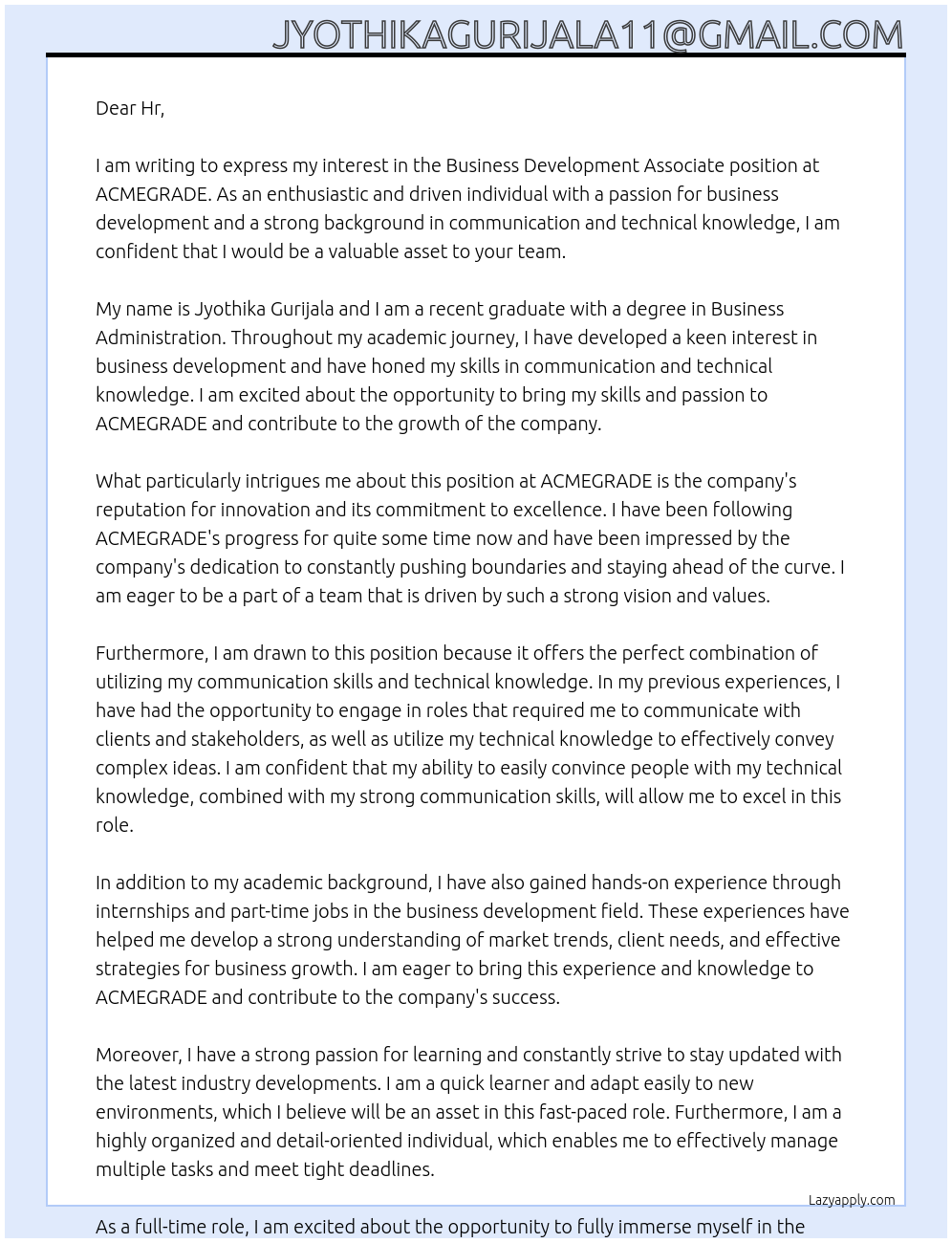 Business Development Associate At ACMEGRADE Cover Letter