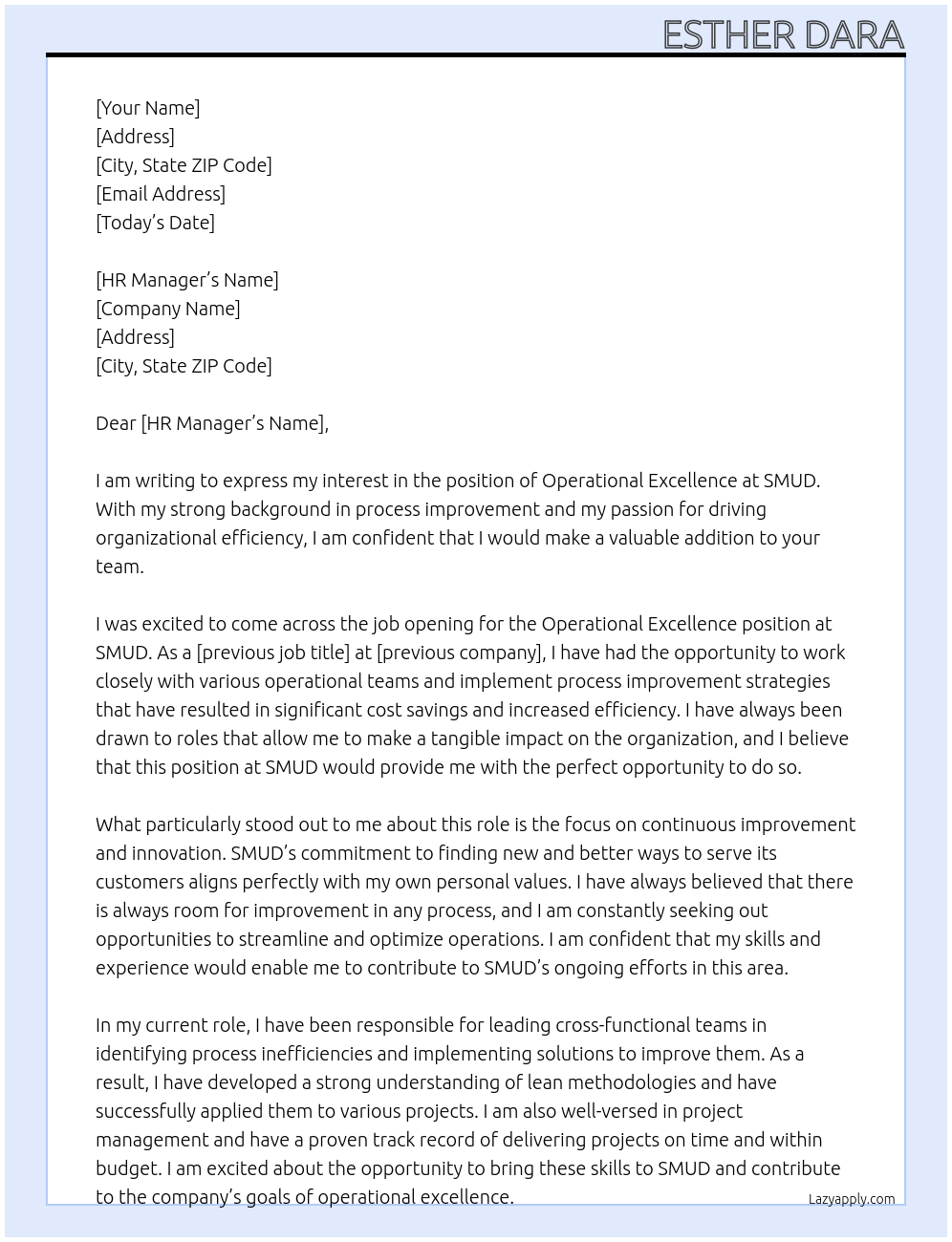 operational excellence At SMUD Cover Letter