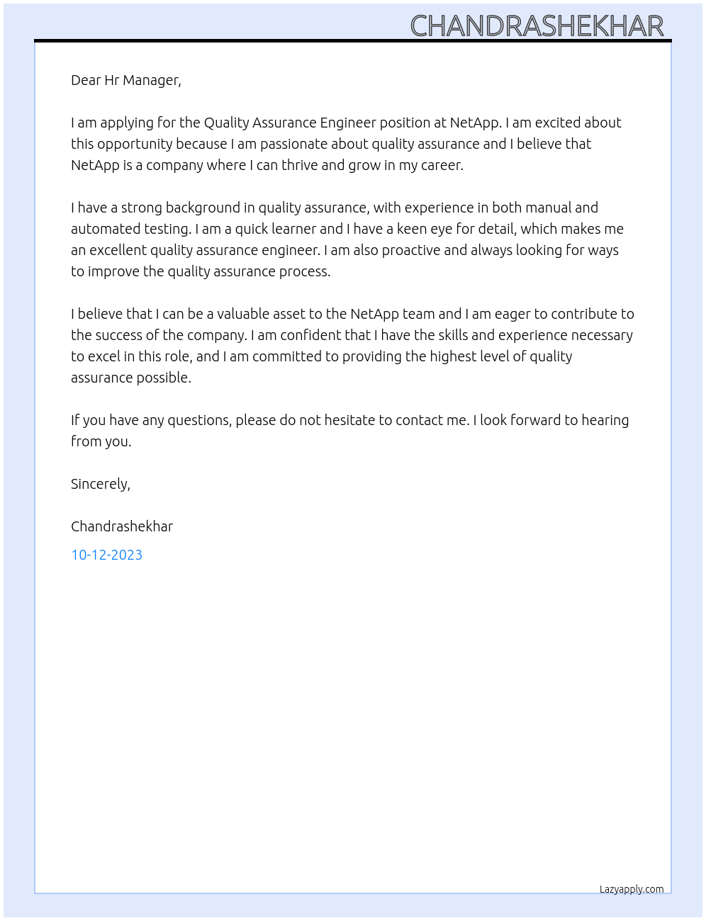 Quality Assurance Engineer  At NetApp Cover Letter