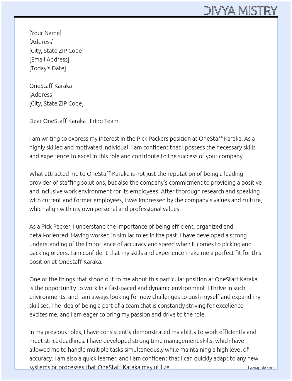 Pick Packers At OneStaff Karaka Cover Letter