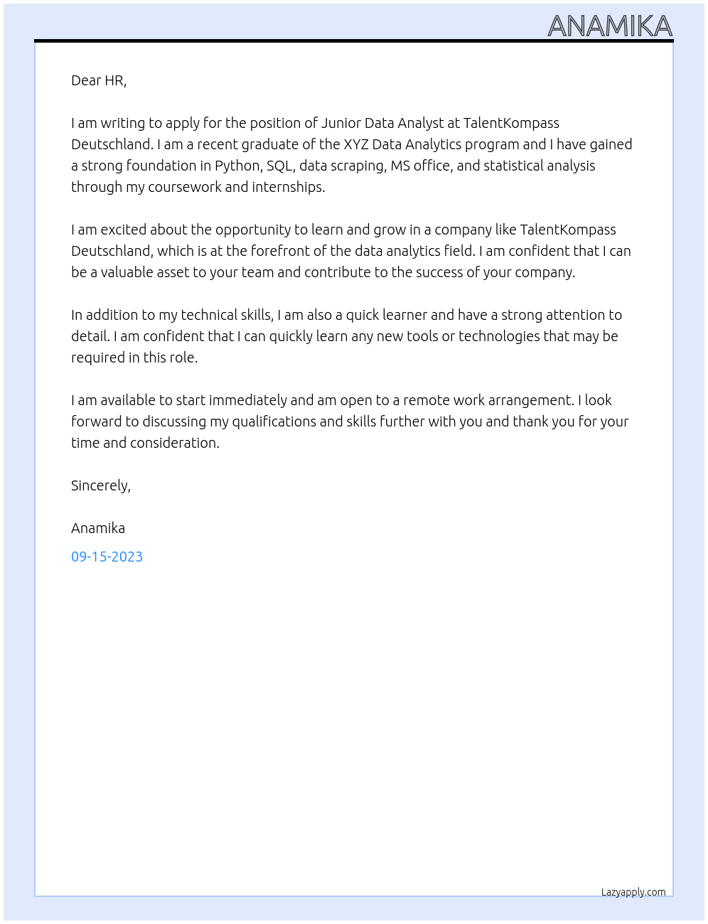 Junior Data Analyst At TalentKompass Deutshland Cover Letter