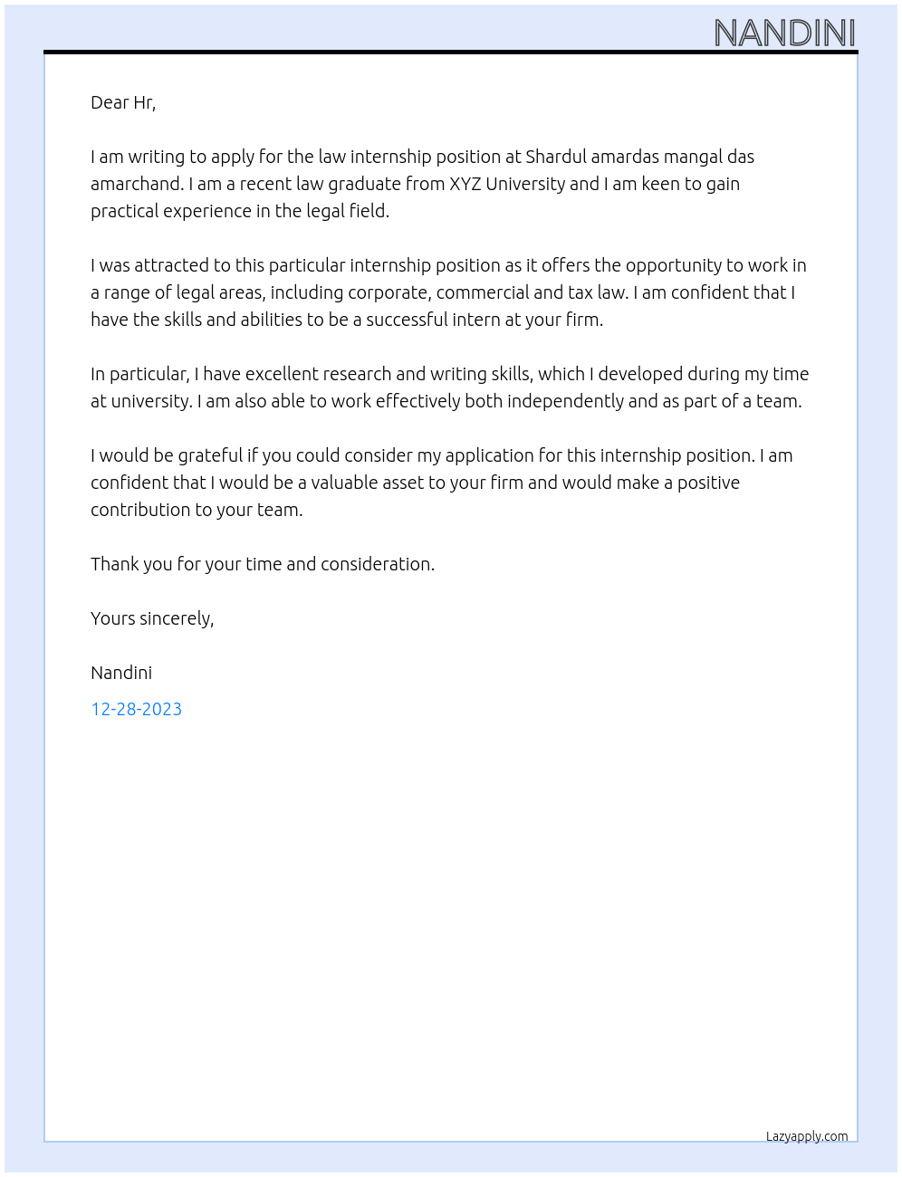 LAW INTERNSHIP At Shardul amardas mangal das amarchand Cover Letter