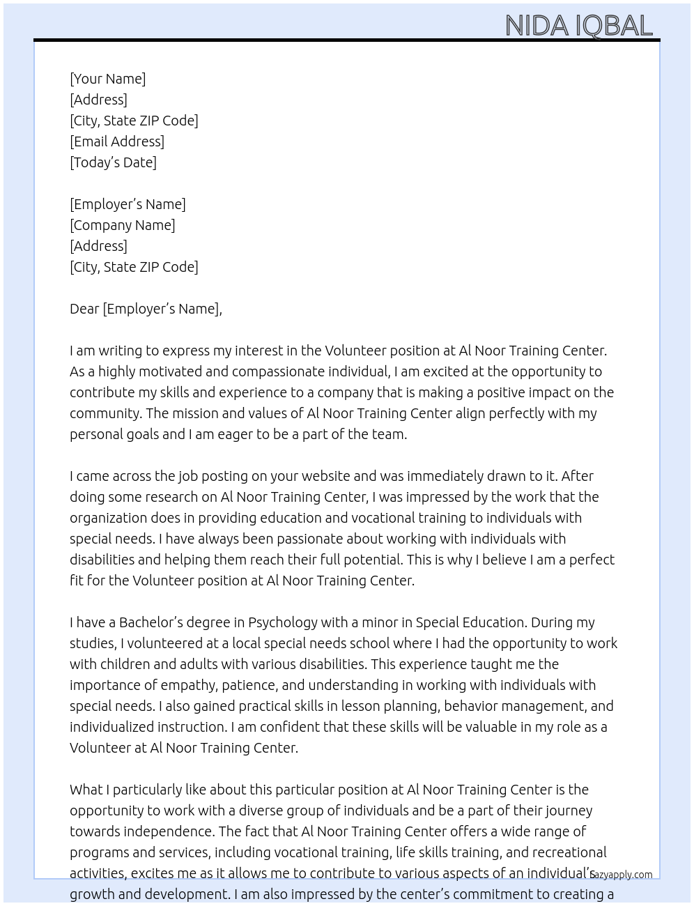 Volunteer position  At Al noor training center  Cover Letter