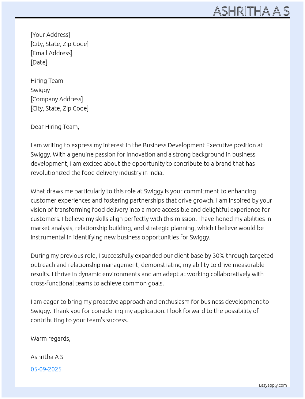 Business development executive At Swiggy Cover Letter