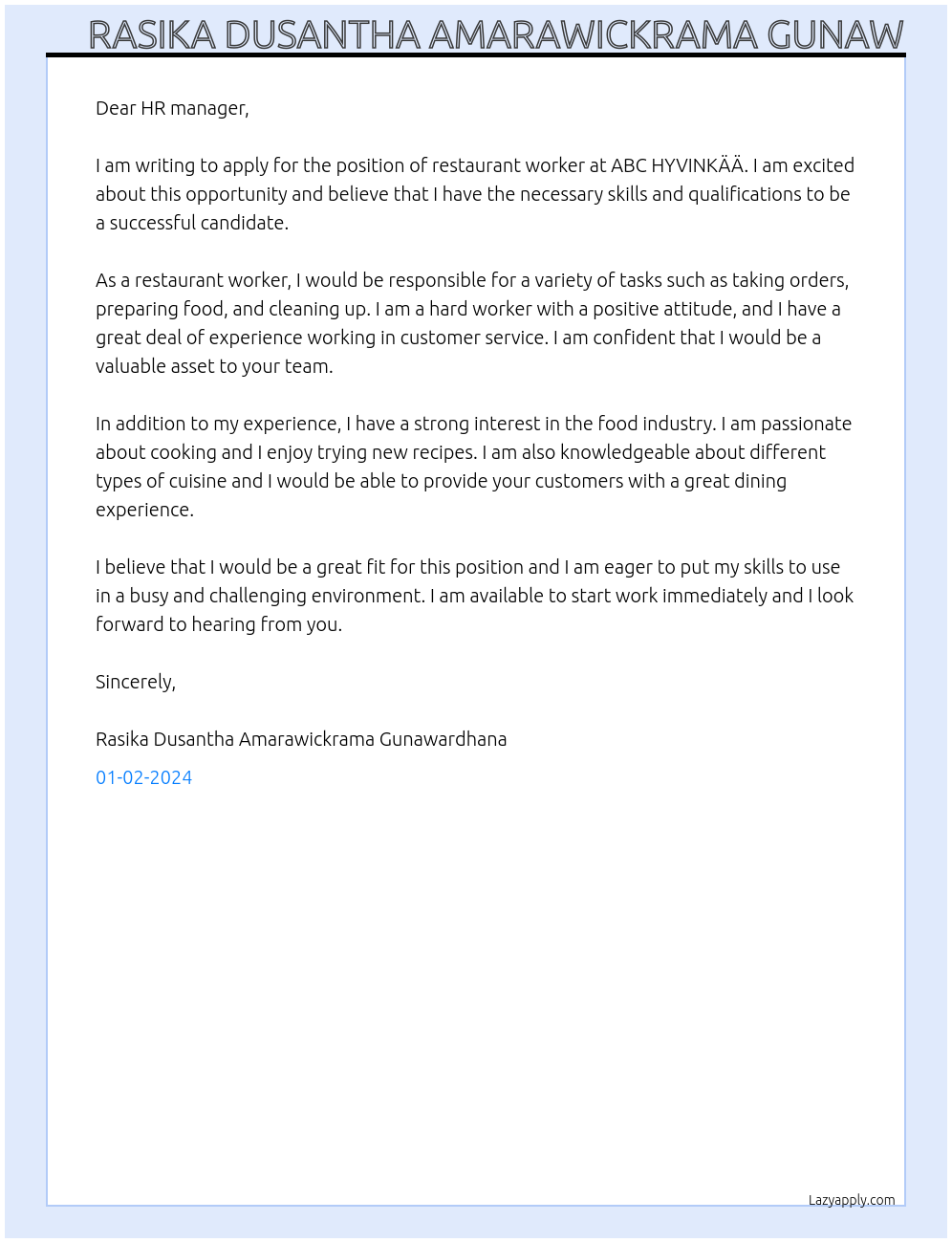 Restaurant Worker At ABC HYVINKÄÄ Cover Letter