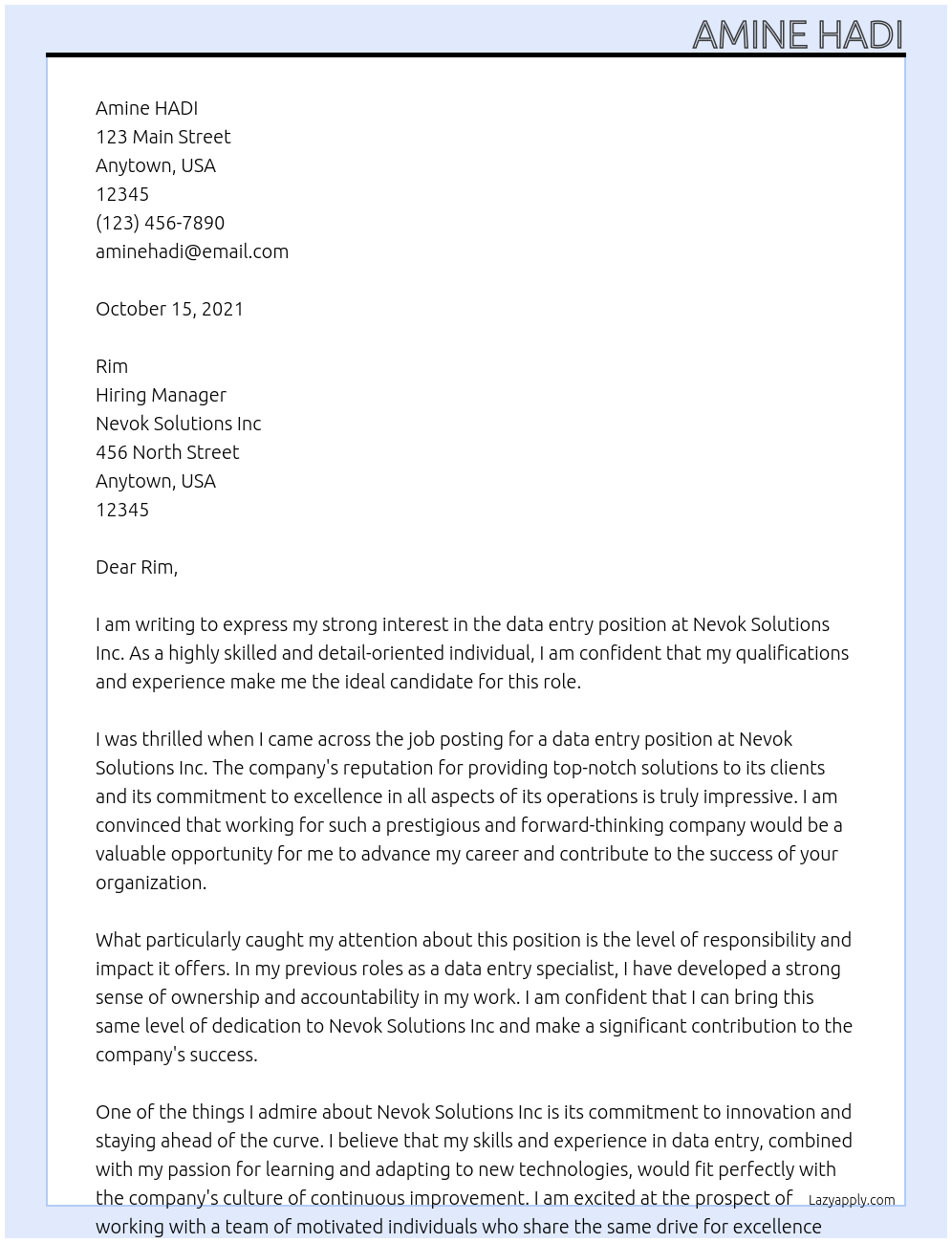 data entery At Nevok Solutions Inc Cover Letter