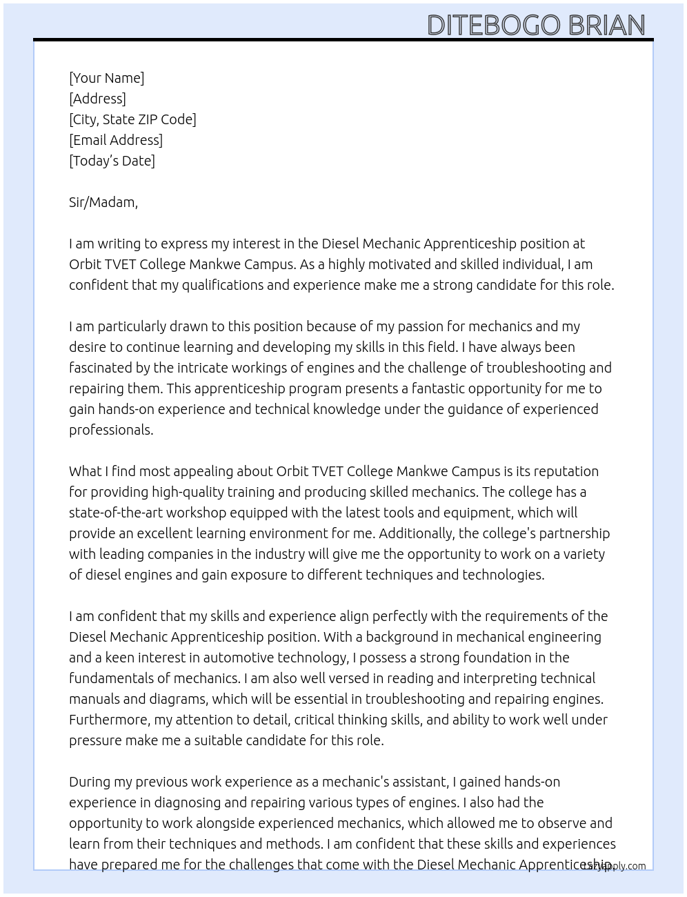 Diesel Mechanic Apprenticeship  At Orbit TVET College Mankwe Campus Cover Letter