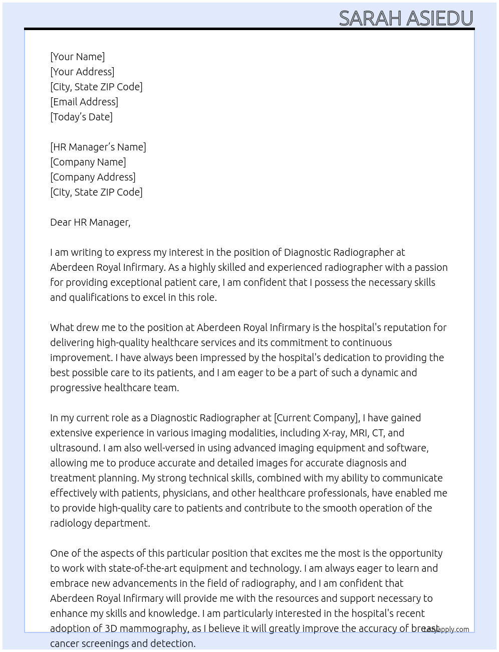 Diagnostic Radiographer At Aberdeen Royal Infirmary Cover Letter