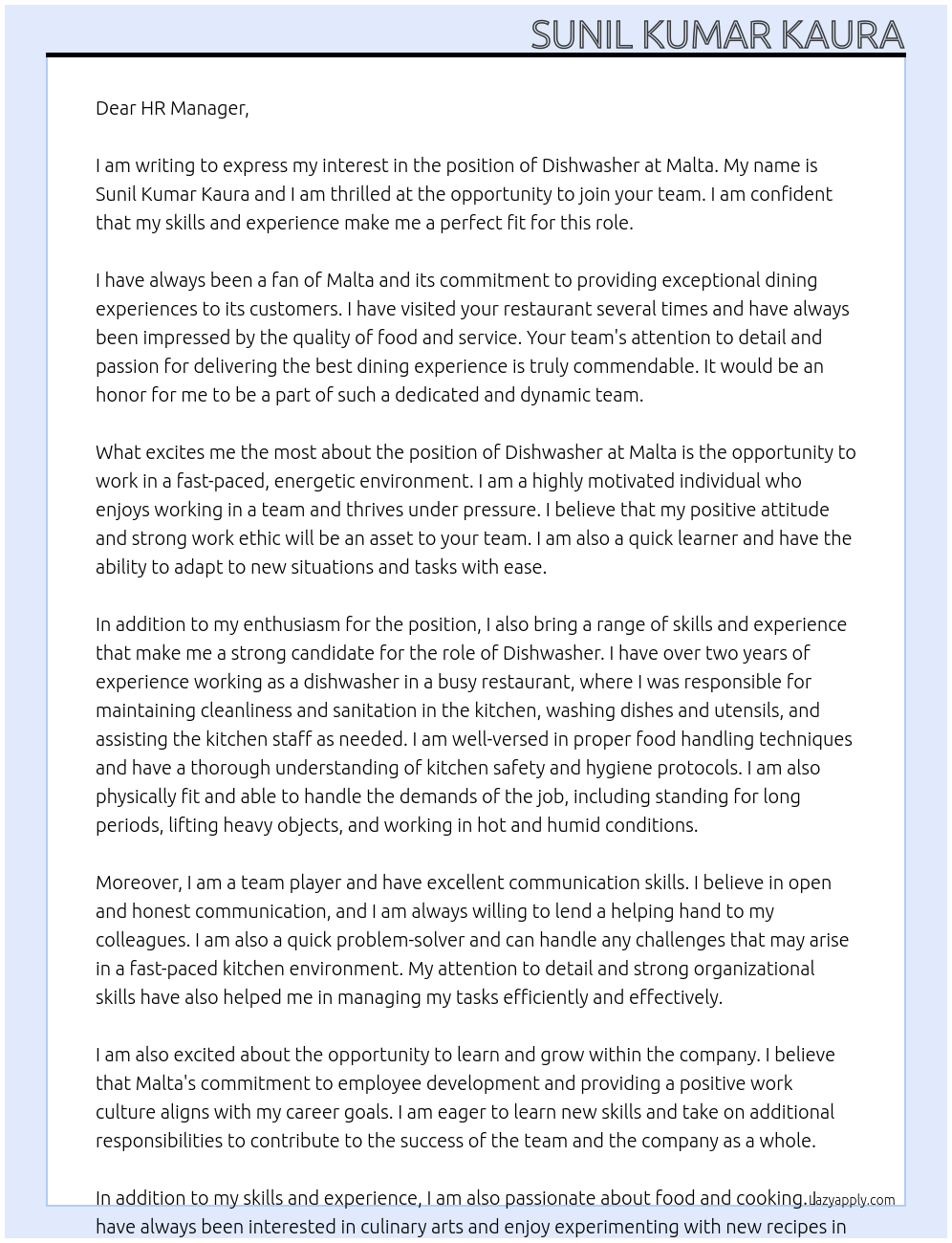 Dishwasher At Malta Cover Letter