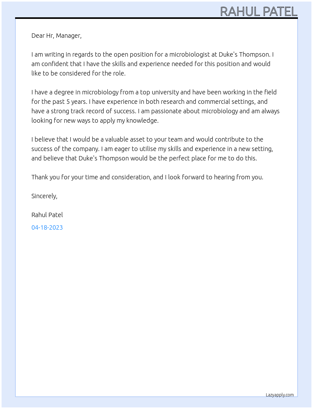 microbiologist At Duke's Thompson Cover Letter