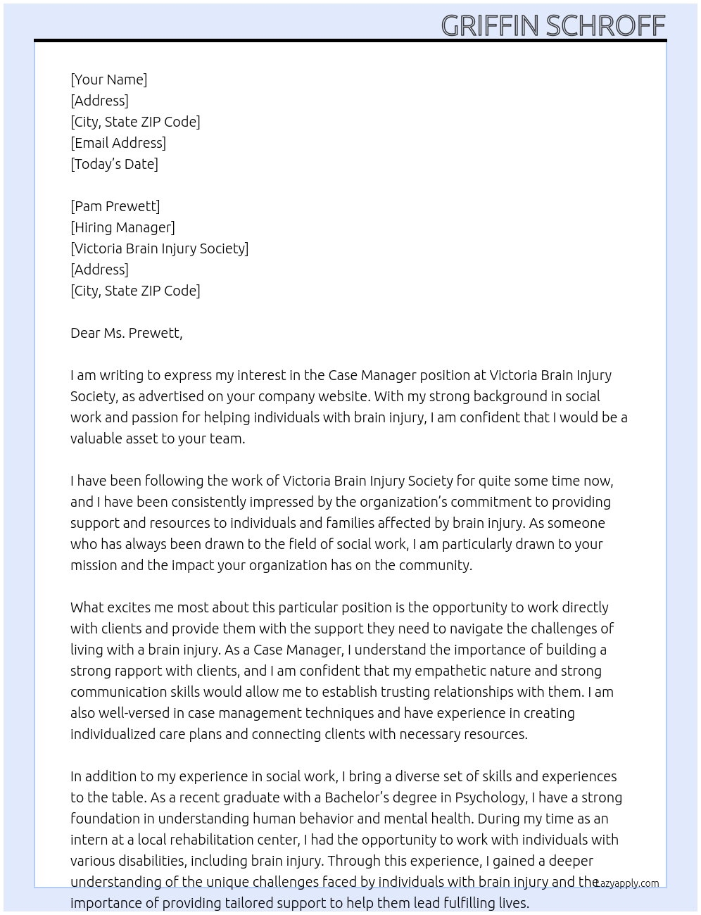 Case Manager At Victoria Brain Injury Society Cover Letter