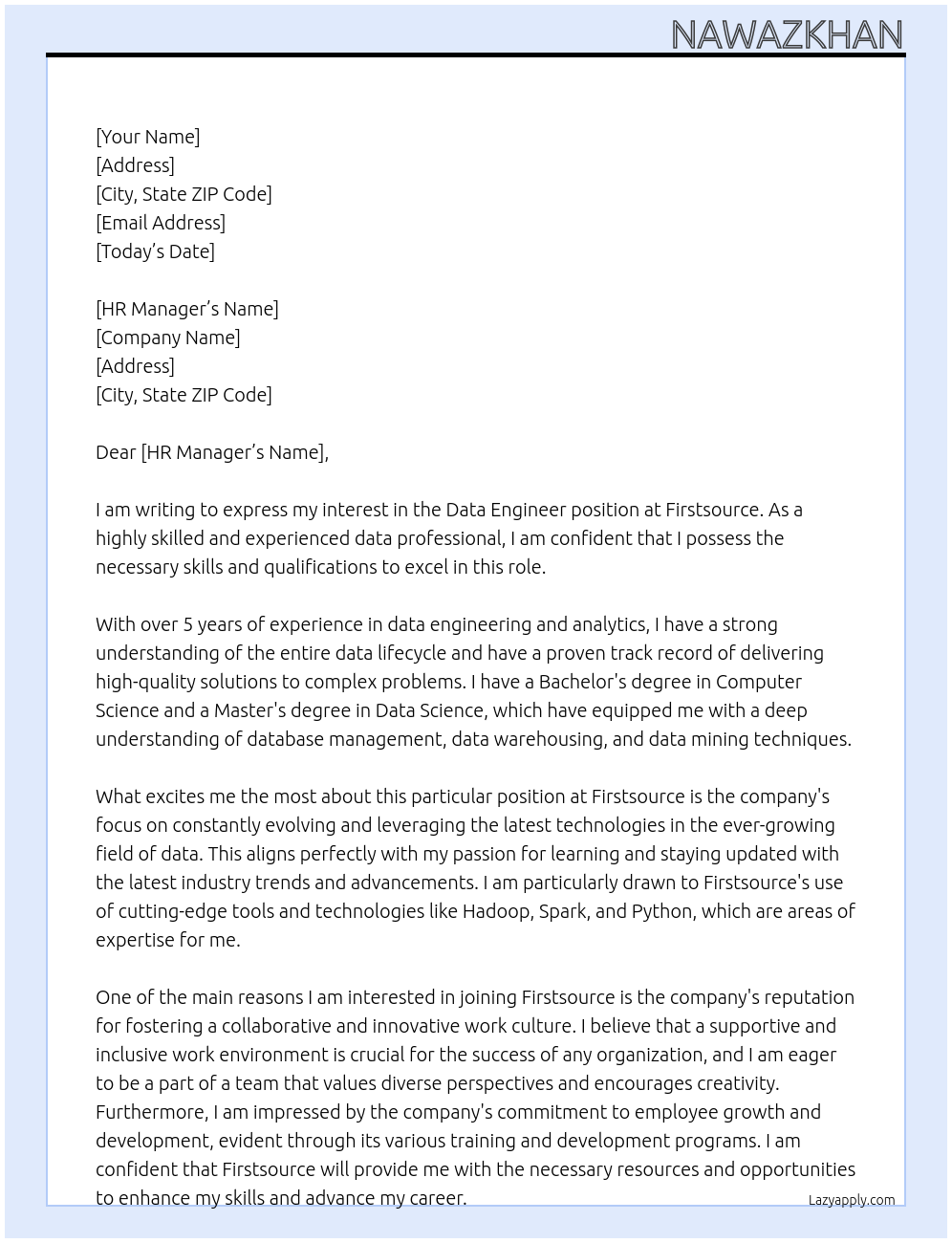Data Engineer At firstsource Cover Letter