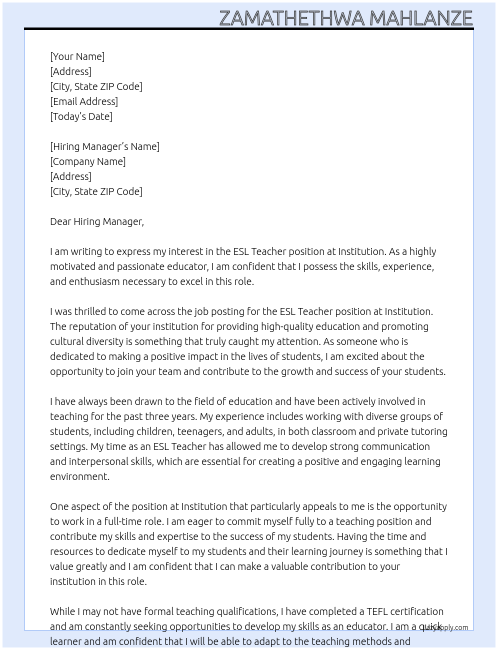 ESL Teacher At Institution Cover Letter