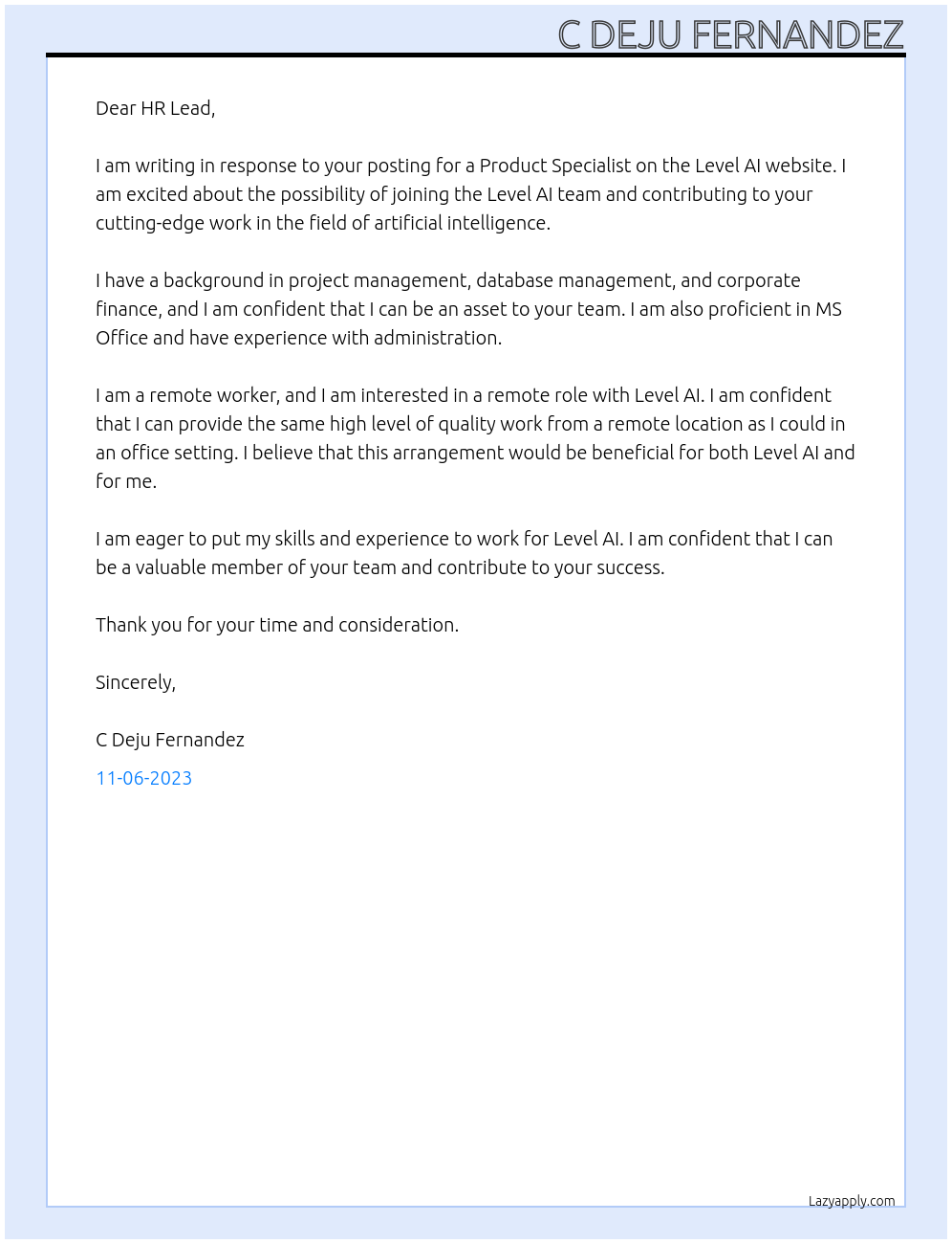 Product Specialist At Level AI Cover Letter
