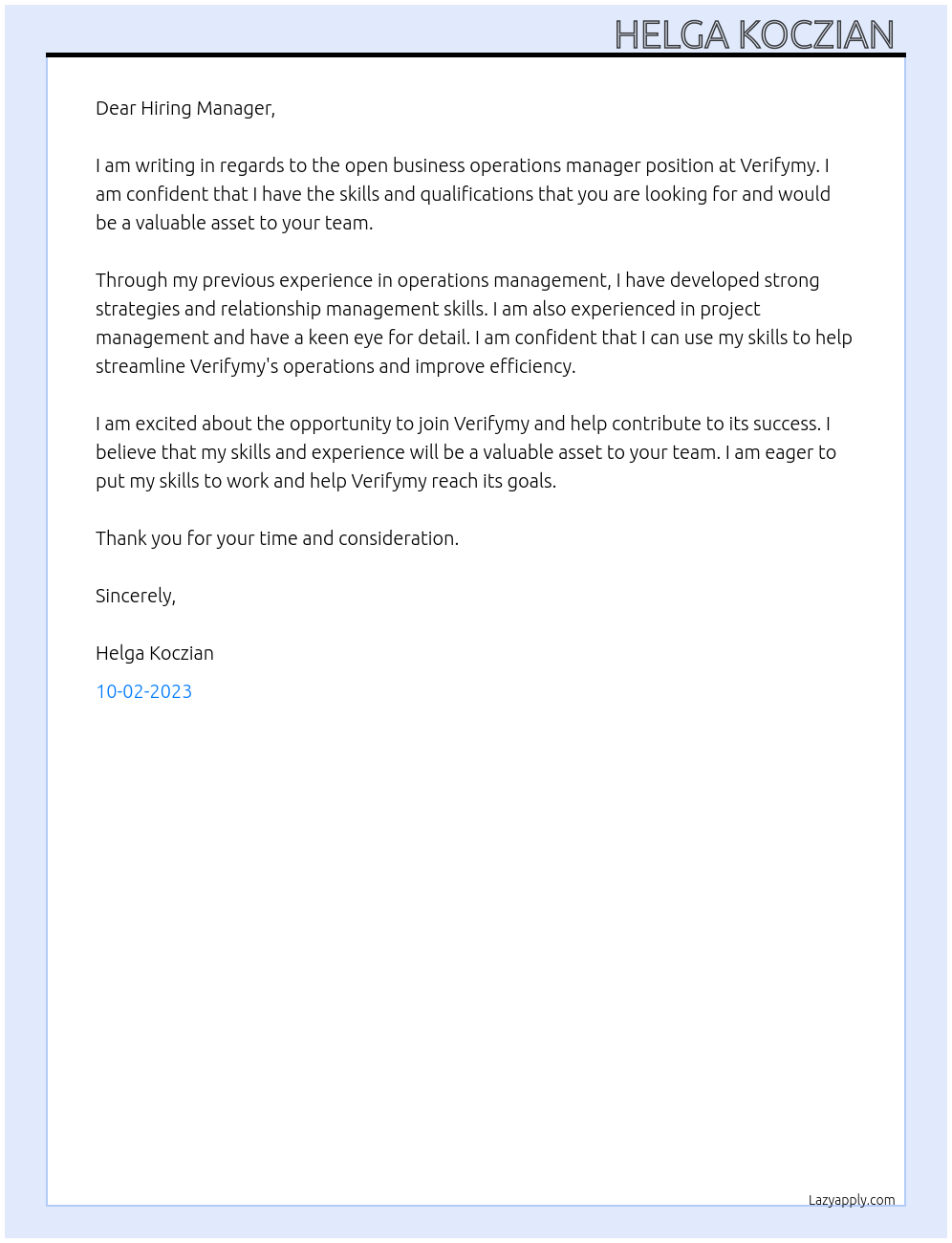 Business operations manager  At Verifymy Cover Letter