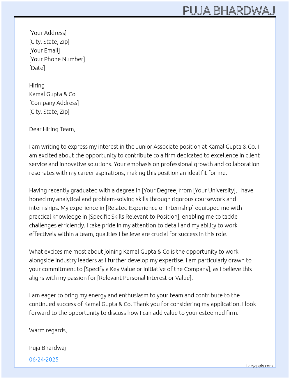 Junior Associate At Kamal Gupta & Co Cover Letter