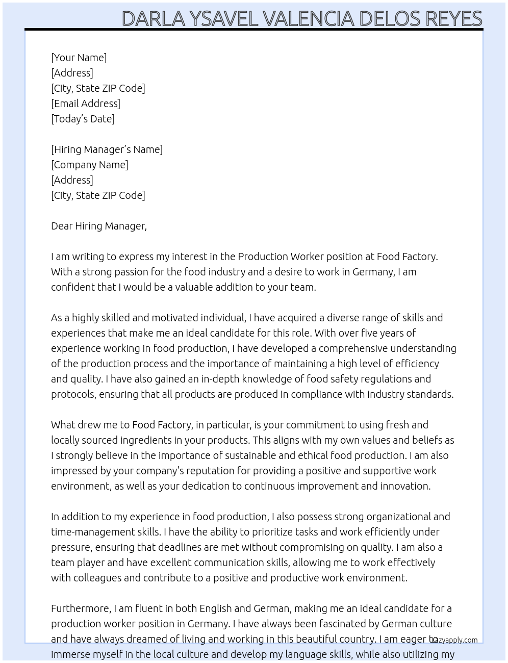 Production worker At Food Factory Cover Letter