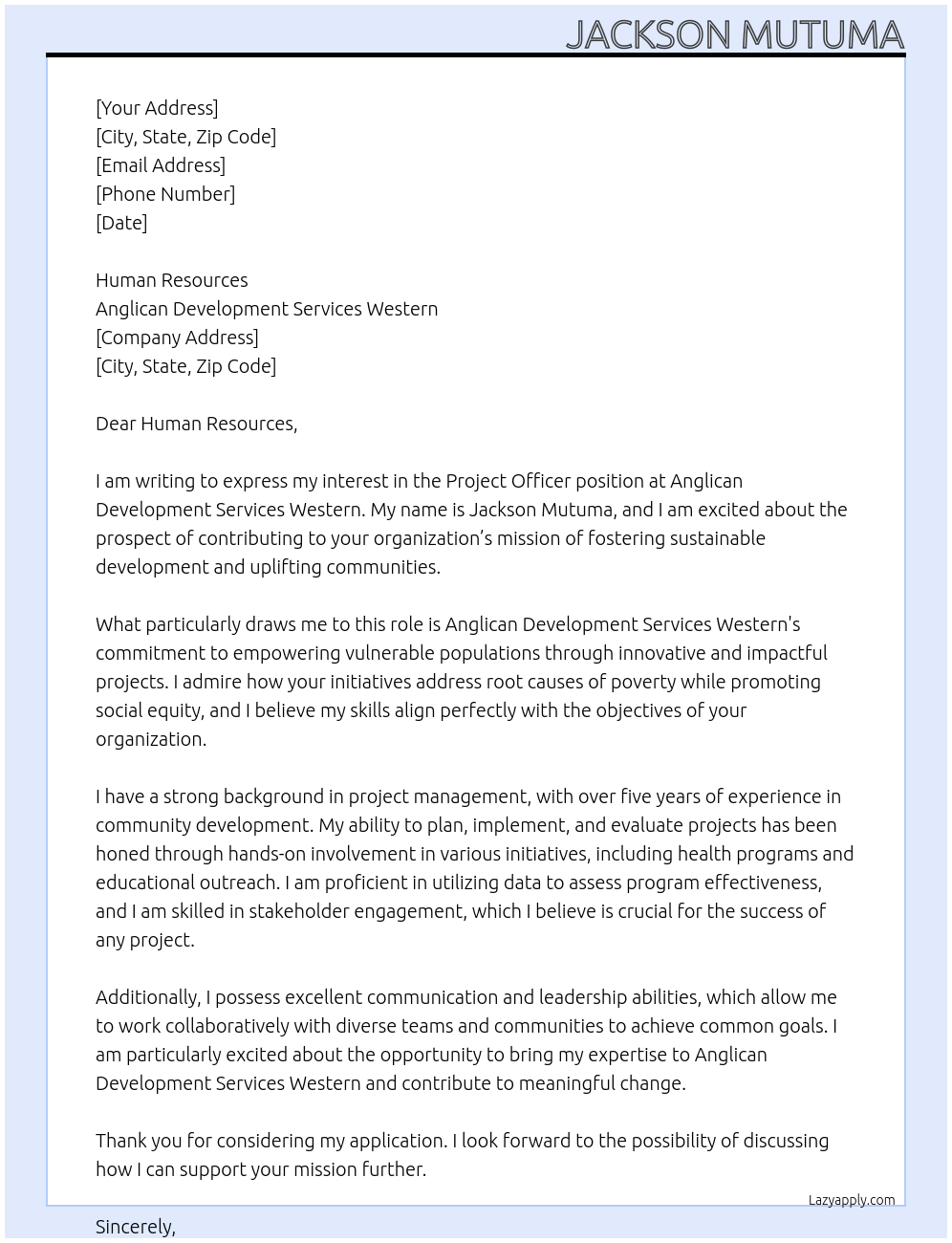 project officer At Anglican Development Services Western Cover Letter