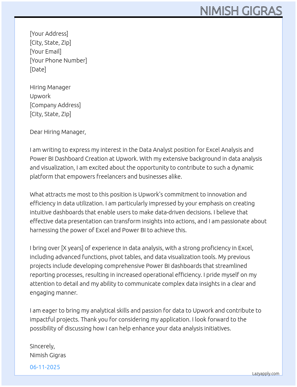 Data Analyst Needed for Excel Analysis and Power BI Dashboard Creation At upwork Cover Letter
