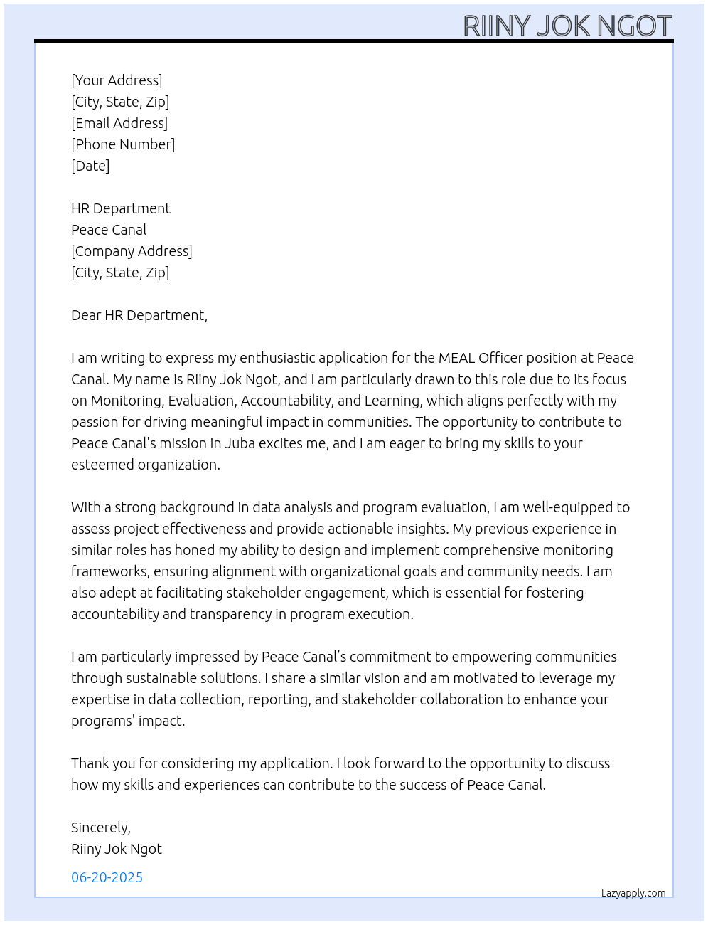 MEAL Officer At Peace Canal Cover Letter